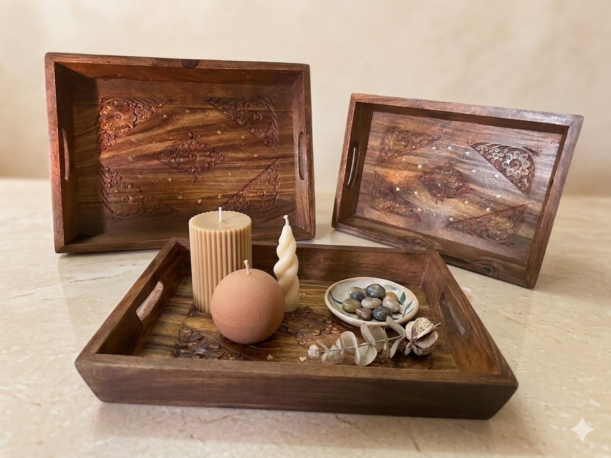 Handcrafted Wooden Serving Tray Set – Set of 3 Decorative Serving Trays