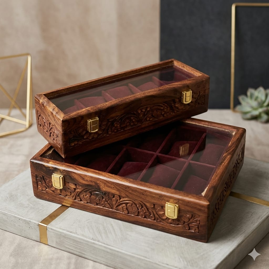 Engraved Wooden Watch Box Organizer for Men | 5/10 Slots Watch Storage Case with Glass Display Premium Velvet Interior Handmade | Wooden Watch Holder