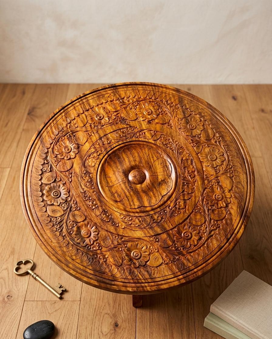 Hand Carved Wooden Coffee Table - Artisan Round Side Table - "18" Wooden Engraved Table for Living Room & Entryway