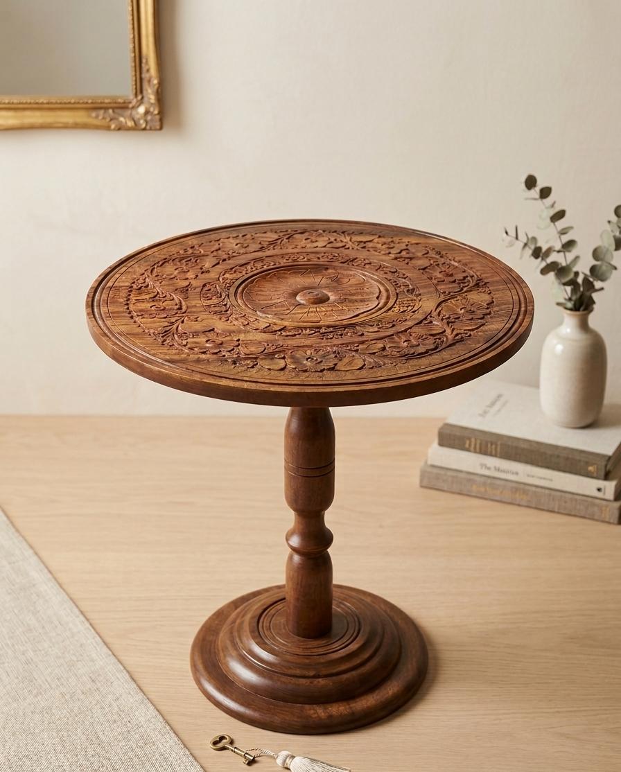 Hand Carved Wooden Coffee Table - Artisan Round Side Table - "18" Wooden Engraved Table for Living Room & Entryway