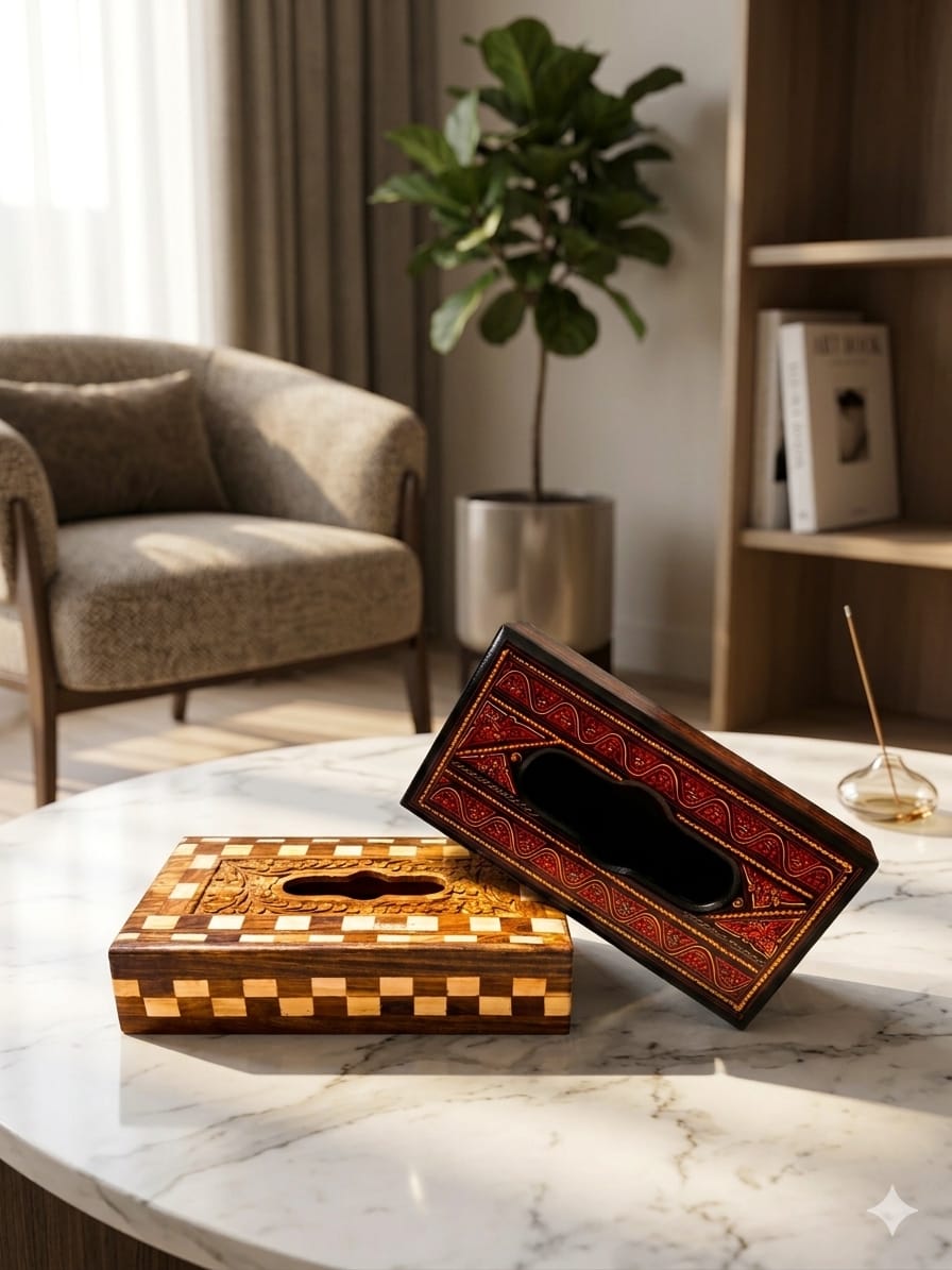 Handcrafted Wooden Tissue Box Cover – Decorative Luxury Tissue Holder, Middle Eastern Inlay Wood Home Decor