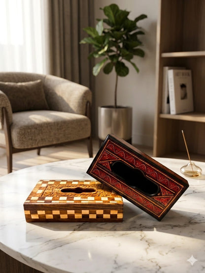 Handcrafted Wooden Tissue Box Cover – Premium Carved & Inlay Design | Luxury Home Decor Organizer | Rustic & Arabic Style Tissue Holder