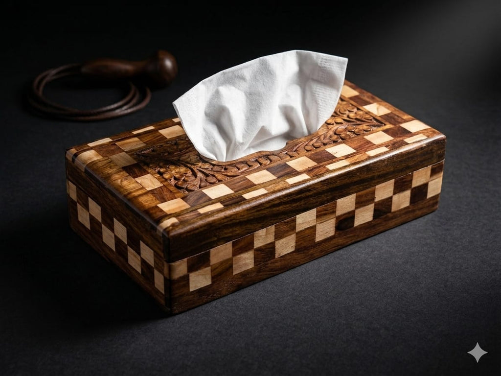 Handcrafted Wooden Tissue Box Cover – Premium Carved & Inlay Design | Luxury Home Decor Organizer | Rustic & Arabic Style Tissue Holder