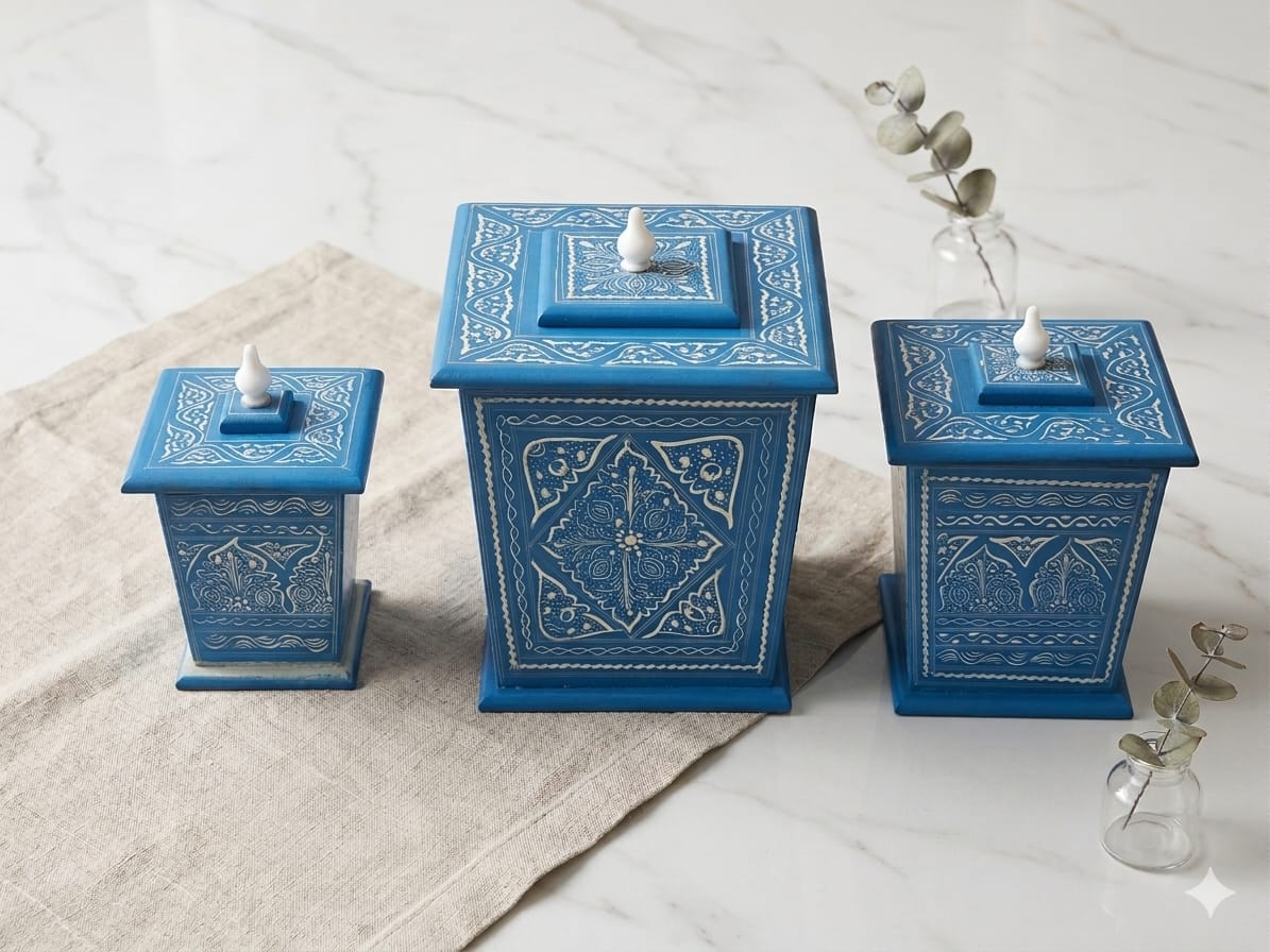 Handcrafted Wooden Storage Canister Set – Decorative Kitchen Containers with Lids | Multipurpose Organiser Boxes | Luxury Home Decor Storage Set
