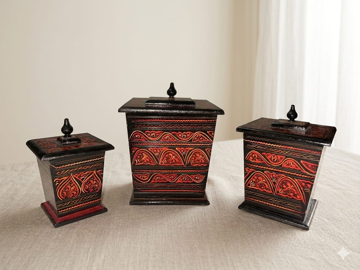Handcrafted Wooden Storage Canister Set – Decorative Kitchen Containers with Lids | Multipurpose Organiser Boxes | Luxury Home Decor Storage Set