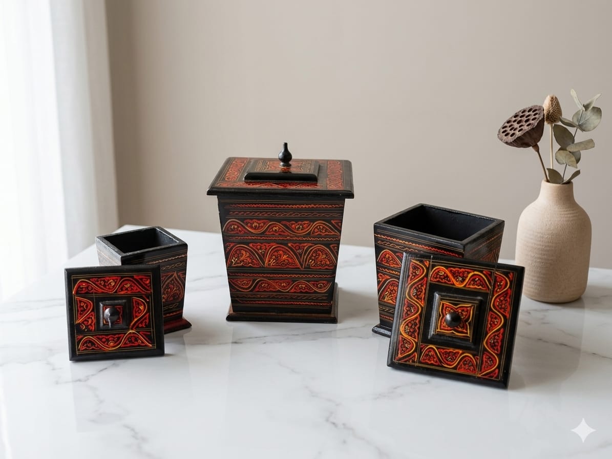 Handcrafted Wooden Storage Canister Set – Decorative Kitchen Containers with Lids | Multipurpose Organiser Boxes | Luxury Home Decor Storage Set