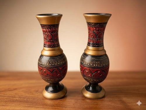 Handcrafted Wooden Decorative Vase Set – Luxury Ethnic Flower Vase Pair | Boho Home Décor | Artisan Wooden Table Vases
