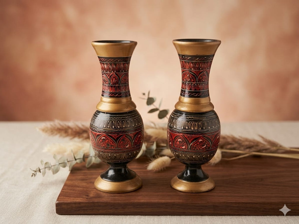 Handcrafted Wooden Decorative Vase Set – Luxury Ethnic Flower Vase Pair | Boho Home Décor | Artisan Wooden Table Vases