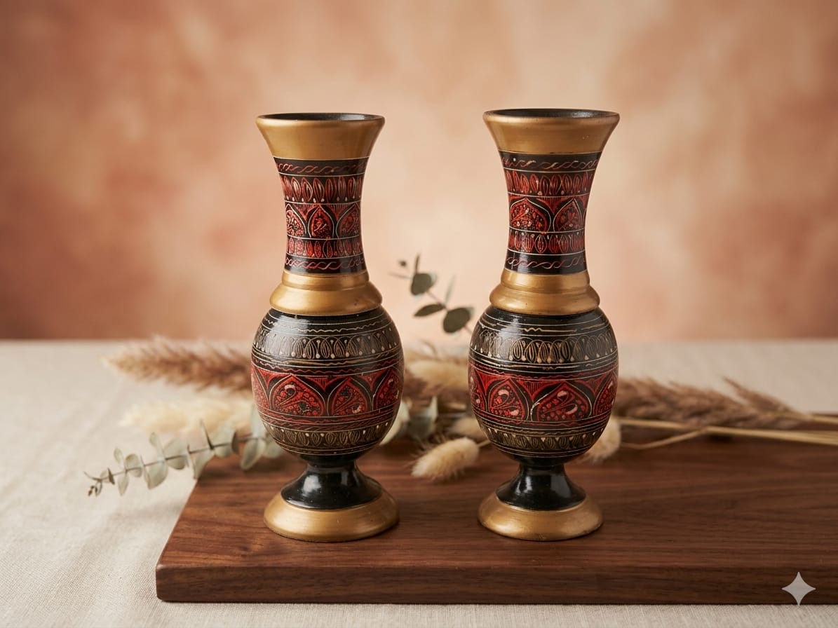 Handcrafted Wooden Decorative Vase Set – Luxury Ethnic Flower Vase Pair | Boho Home Décor | Artisan Wooden Table Vases