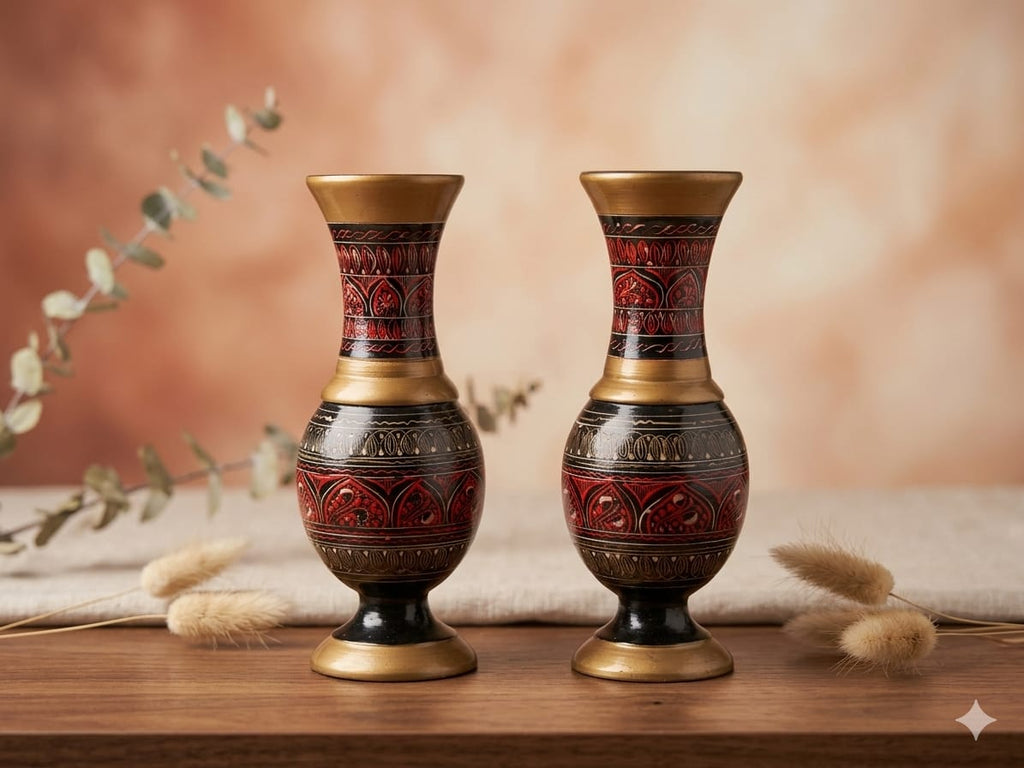 Handcrafted Wooden Decorative Vase Set – Luxury Ethnic Flower Vase Pair | Boho Home Décor | Artisan Wooden Table Vases