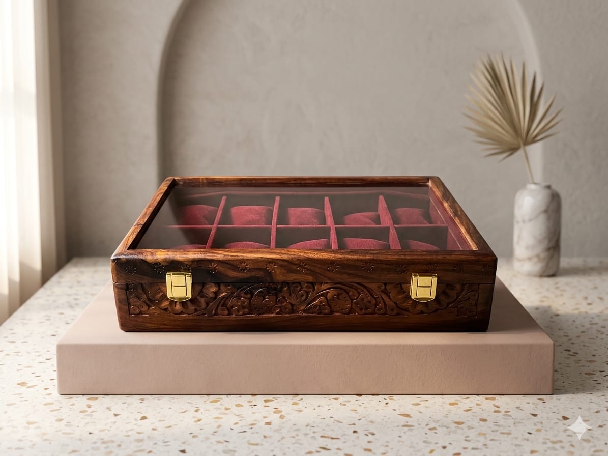 Engraved Wooden Watch Box Organizer for Men | 5/10 Slots Watch Storage Case with Glass Display Premium Velvet Interior Handmade | Wooden Watch Holder