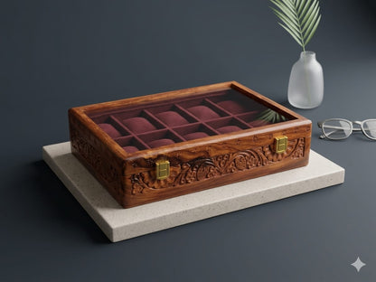 Engraved Wooden Watch Box Organizer for Men | 5/10 Slots Watch Storage Case with Glass Display Premium Velvet Interior Handmade | Wooden Watch Holder