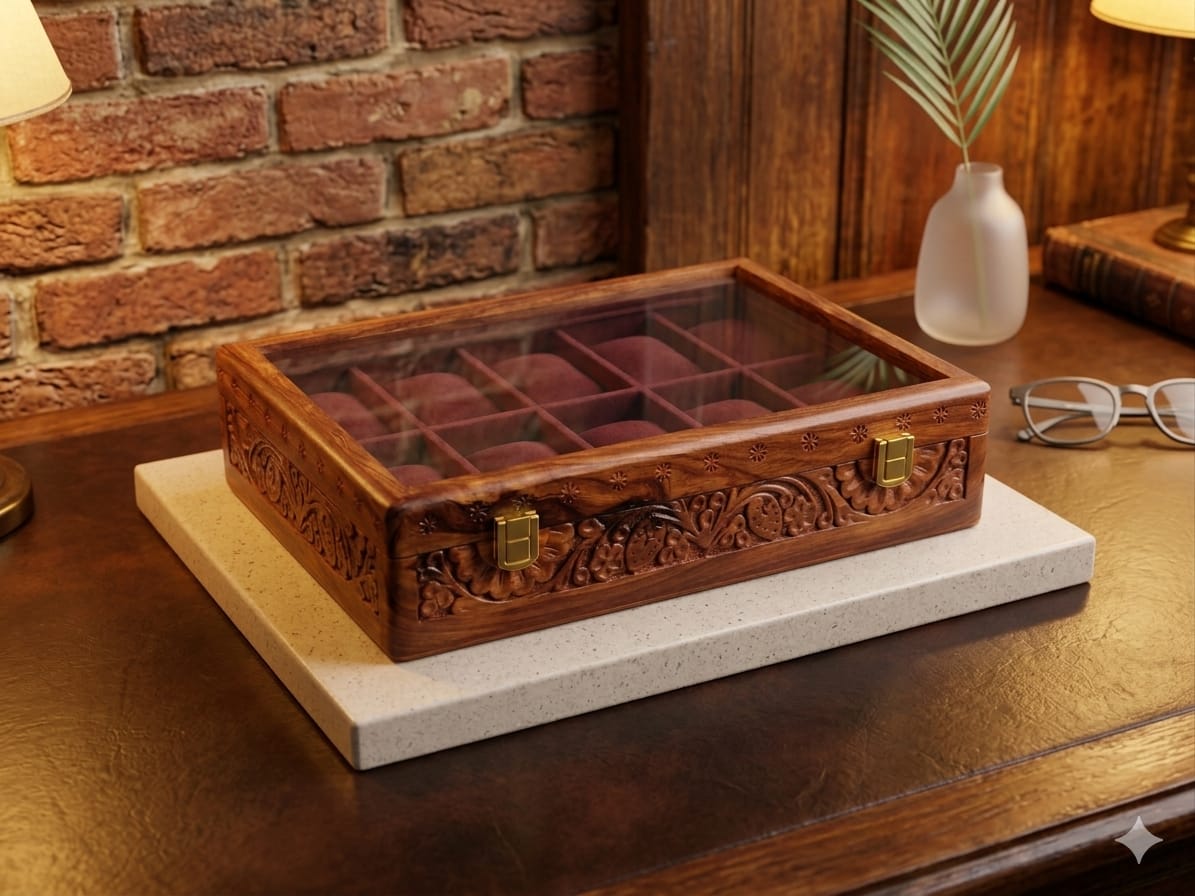 Engraved Wooden Watch Box Organizer for Men | 5/10 Slots Watch Storage Case with Glass Display Premium Velvet Interior Handmade | Wooden Watch Holder