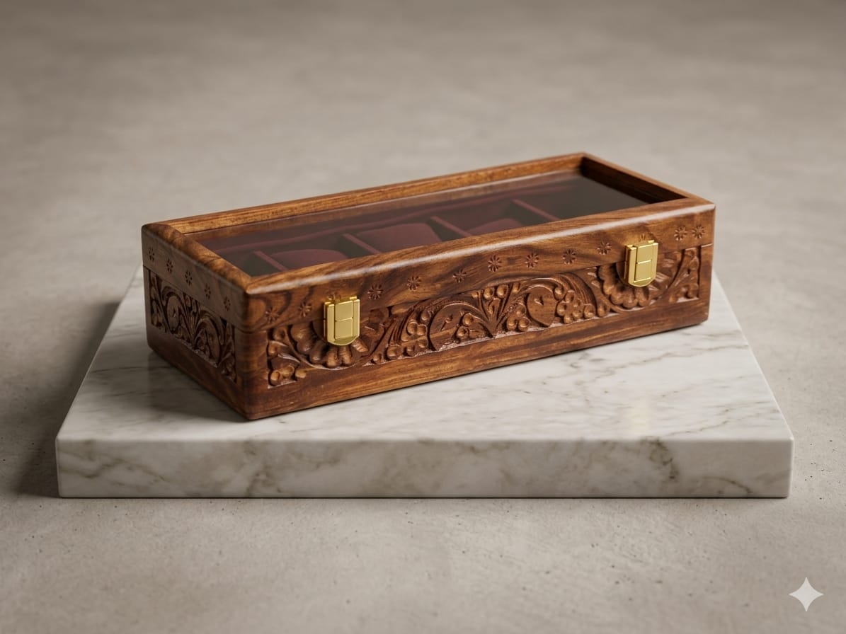 Engraved Wooden Watch Box Organizer for Men | 5/10 Slots Watch Storage Case with Glass Display Premium Velvet Interior Handmade | Wooden Watch Holder