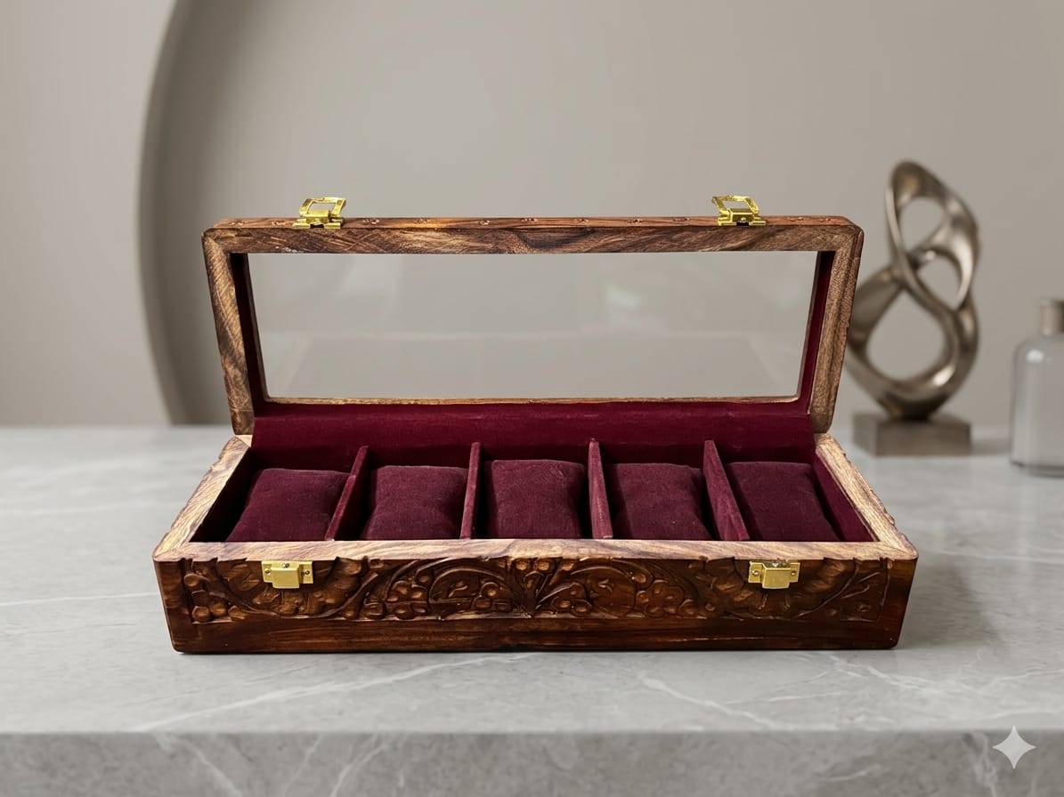 Engraved Wooden Watch Box Organizer for Men | 5/10 Slots Watch Storage Case with Glass Display Premium Velvet Interior Handmade | Wooden Watch Holder