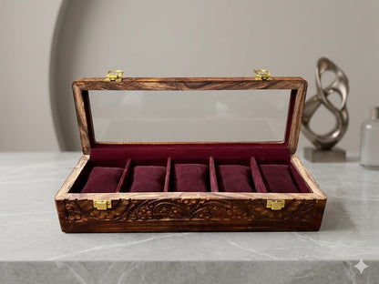 Engraved Wooden Watch Box Organizer for Men | 5/10 Slots Watch Storage Case with Glass Display Premium Velvet Interior Handmade | Wooden Watch Holder