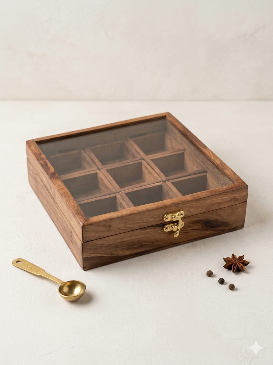 Wooden Spice Box with 9 compartments | Spices organiser with Glass Lid | Spice Box | Multipurpose Wooden Organiser