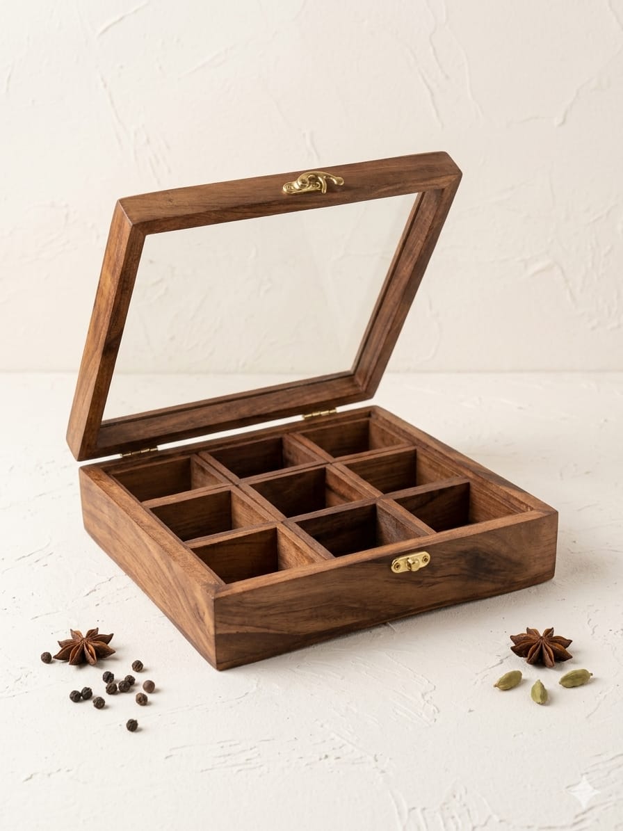 Wooden Spice Box with 9 compartments | Spices organiser with Glass Lid | Spice Box | Multipurpose Wooden Organiser