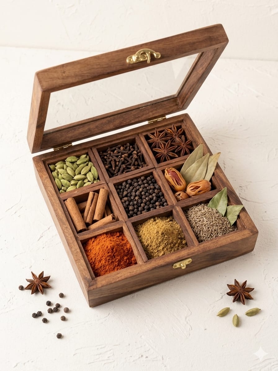 Wooden Spice Box with 9 compartments | Spices organiser with Glass Lid | Spice Box | Multipurpose Wooden Organiser