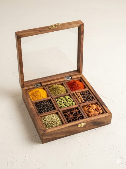 Wooden Spice Box with 9 compartments | Spices organiser with Glass Lid | Spice Box | Multipurpose Wooden Organiser