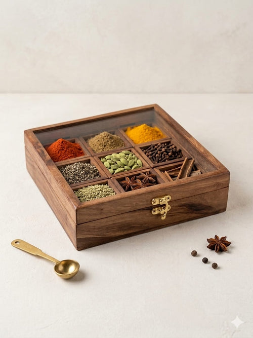 Wooden Spice Box with 9 compartments | Spices organiser with Glass Lid | Spice Box | Multipurpose Wooden Organiser