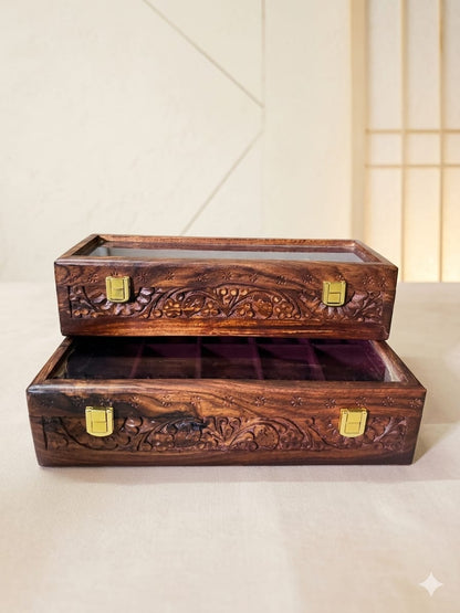 Engraved Wooden Watch Box Organizer for Men | 5/10 Slots Watch Storage Case with Glass Display Premium Velvet Interior Handmade | Wooden Watch Holder
