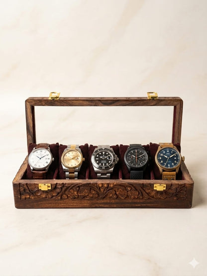 Engraved Wooden Watch Box Organizer for Men | 5/10 Slots Watch Storage Case with Glass Display Premium Velvet Interior Handmade | Wooden Watch Holder