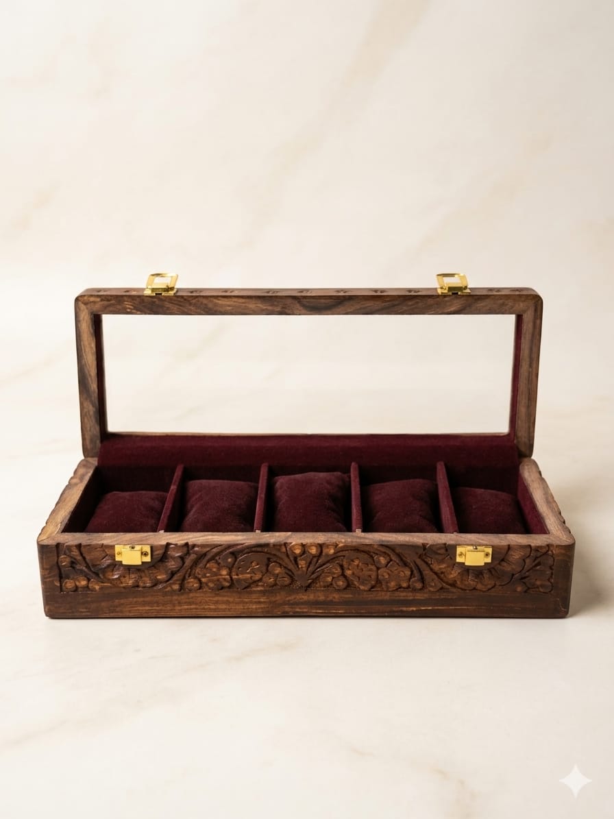 Engraved Wooden Watch Box Organizer for Men | 5/10 Slots Watch Storage Case with Glass Display Premium Velvet Interior Handmade | Wooden Watch Holder