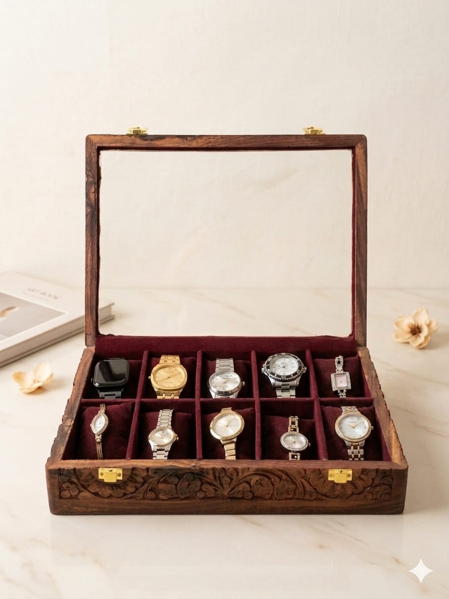 Engraved Wooden Watch Box Organizer for Men | 5/10 Slots Watch Storage Case with Glass Display Premium Velvet Interior Handmade | Wooden Watch Holder