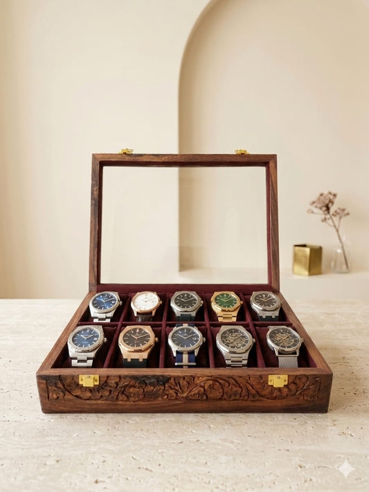 Engraved Wooden Watch Box Organizer for Men | 5/10 Slots Watch Storage Case with Glass Display Premium Velvet Interior Handmade | Wooden Watch Holder