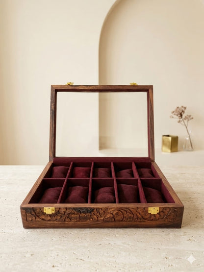 Engraved Wooden Watch Box Organizer for Men | 5/10 Slots Watch Storage Case with Glass Display Premium Velvet Interior Handmade | Wooden Watch Holder