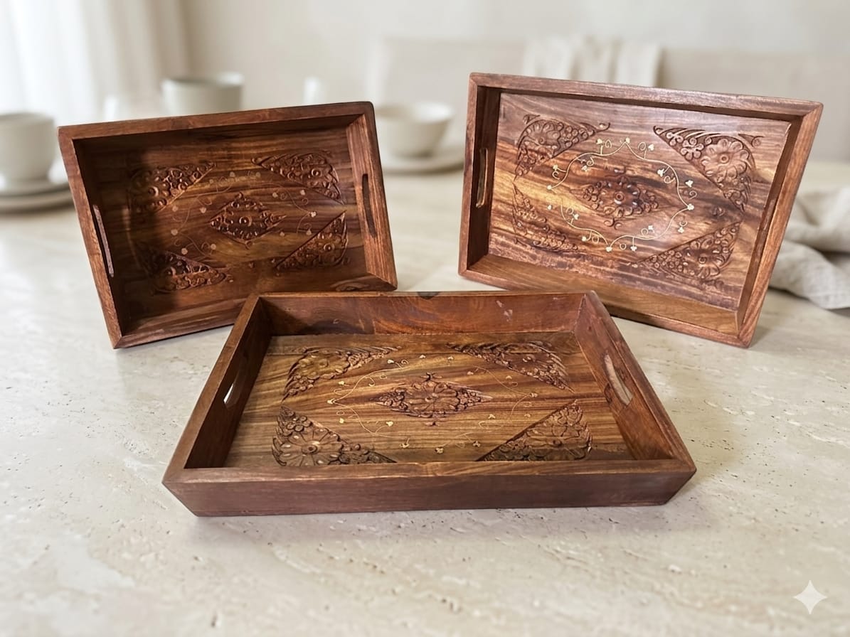 Handcrafted Wooden Serving Tray Set – Set of 3 Decorative Serving Trays