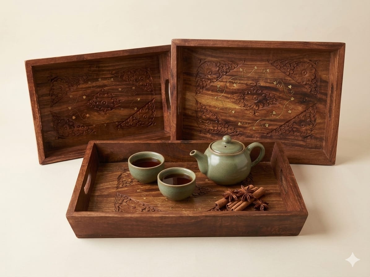 Handcrafted Wooden Serving Tray Set – Set of 3 Decorative Serving Trays