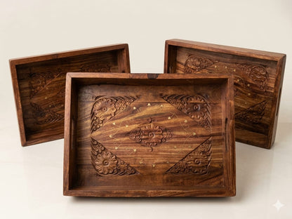 Handcrafted Wooden Serving Tray Set – Set of 3 Decorative Serving Trays