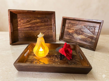 Handcrafted Wooden Serving Tray Set – Set of 3 Decorative Serving Trays