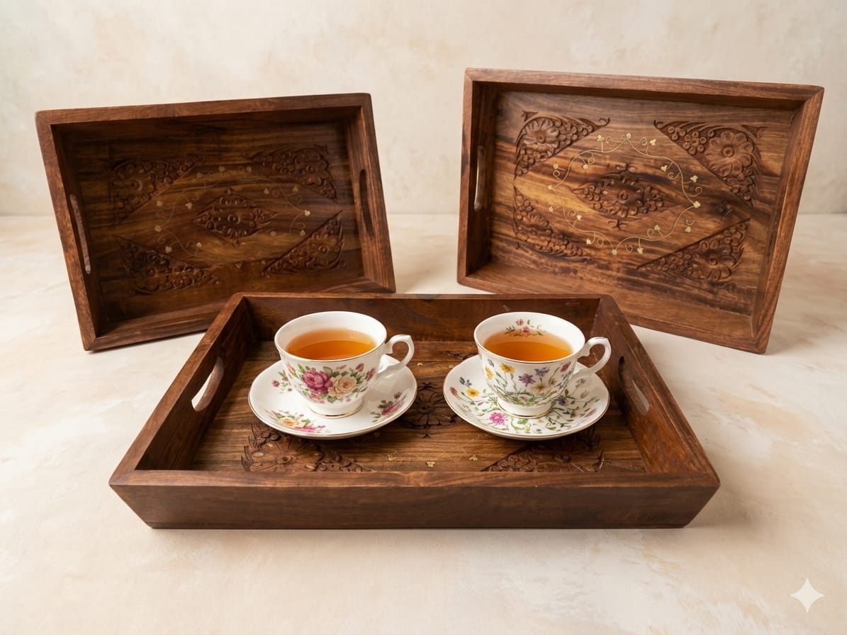Handcrafted Wooden Serving Tray Set – Set of 3 Decorative Serving Trays