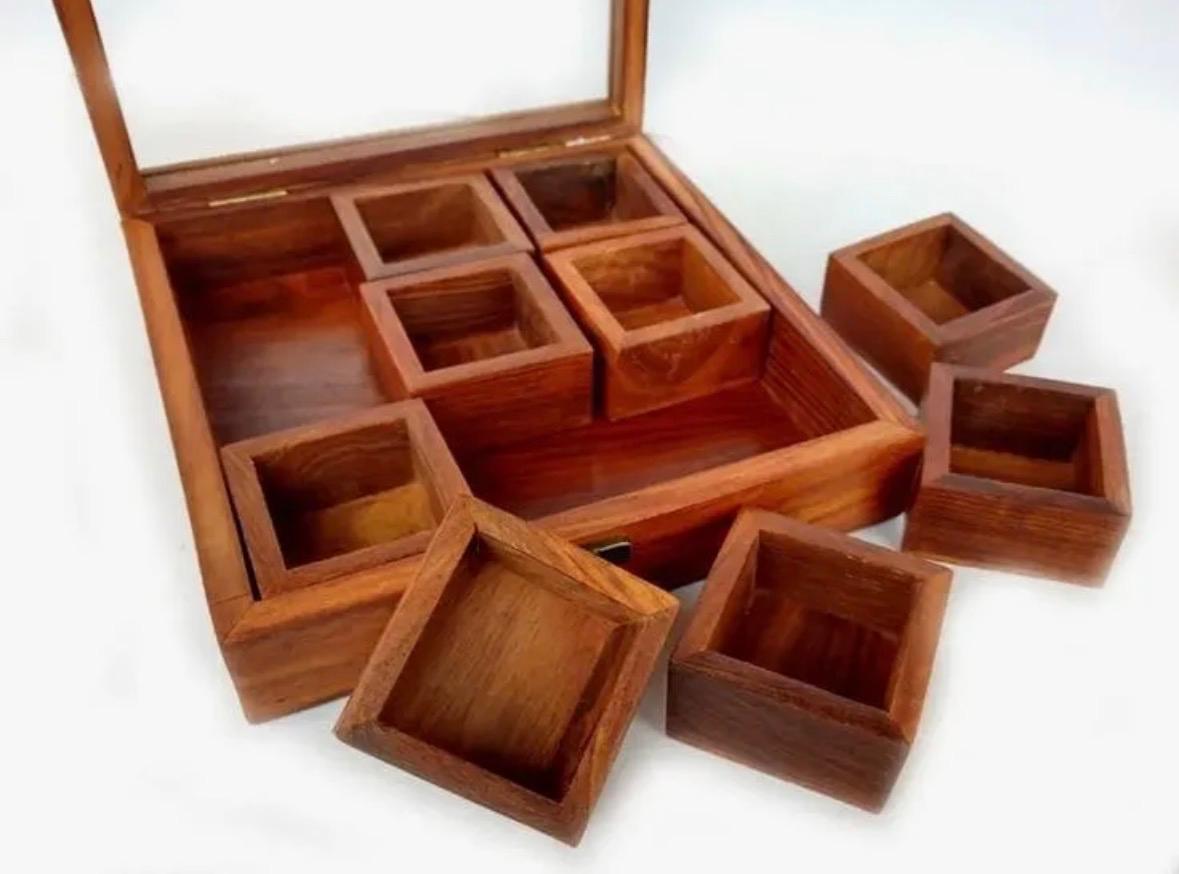 Wooden Spice Box with 9 compartments | Spices organiser with Glass Lid | Spice Box | Multipurpose Wooden Organiser