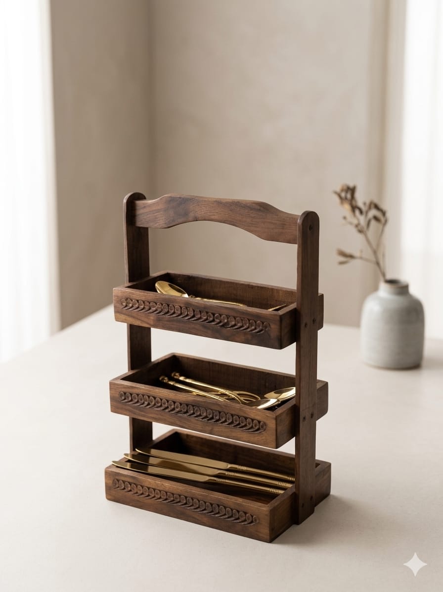 Wooden Cutlery Organizer | Rustic Kitchen Countertop Storage Rack