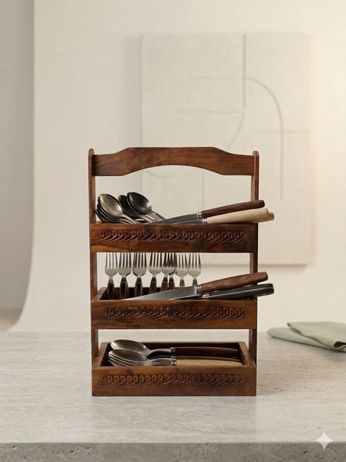 Wooden Cutlery Organizer | Rustic Kitchen Countertop Storage Rack