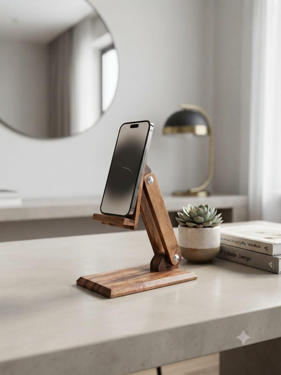 Solid Wood Mobile Stand Handmade Adjustable Phone Holder for Office Desk Study Table Kitchen & Bedside