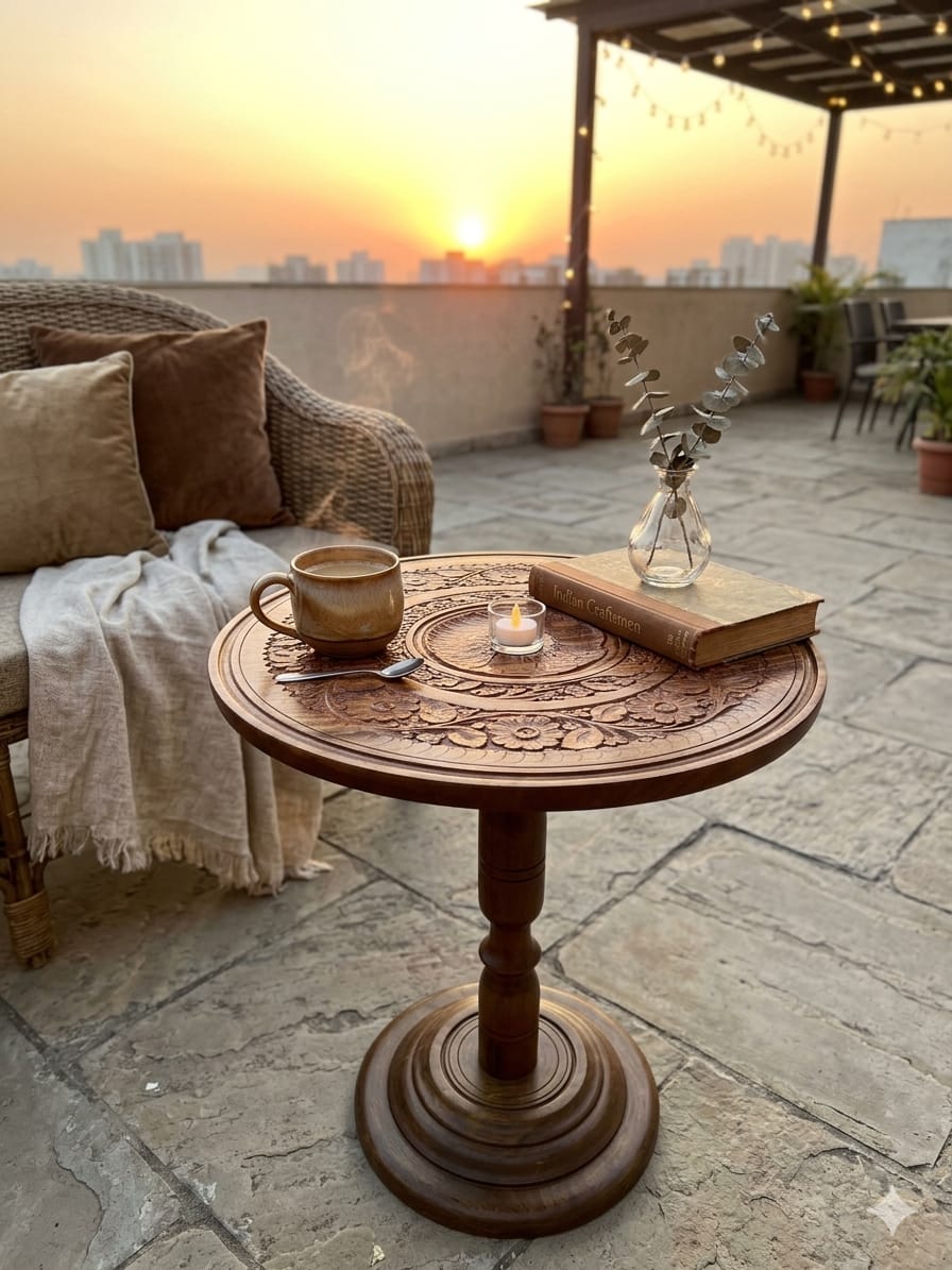 Hand Carved Wooden Coffee Table - Artisan Round Side Table - "18" Wooden Engraved Table for Living Room & Entryway