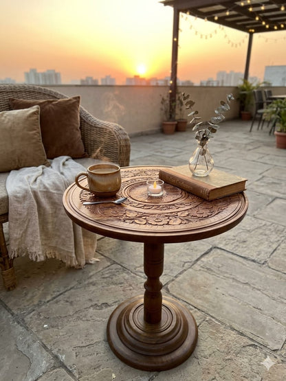 Hand Carved Wooden Coffee Table - Artisan Round Side Table - "18" Wooden Engraved Table for Living Room & Entryway