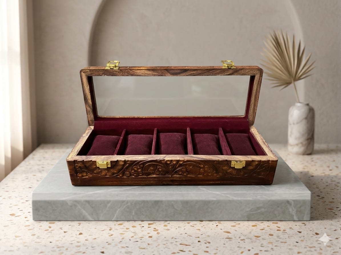 Engraved Wooden Watch Box Organizer for Men | 5/10 Slots Watch Storage Case with Glass Display Premium Velvet Interior Handmade | Wooden Watch Holder