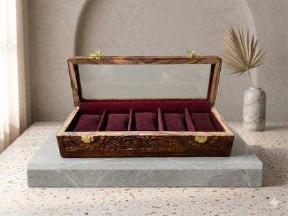 Engraved Wooden Watch Box Organizer for Men | 5/10 Slots Watch Storage Case with Glass Display Premium Velvet Interior Handmade | Wooden Watch Holder