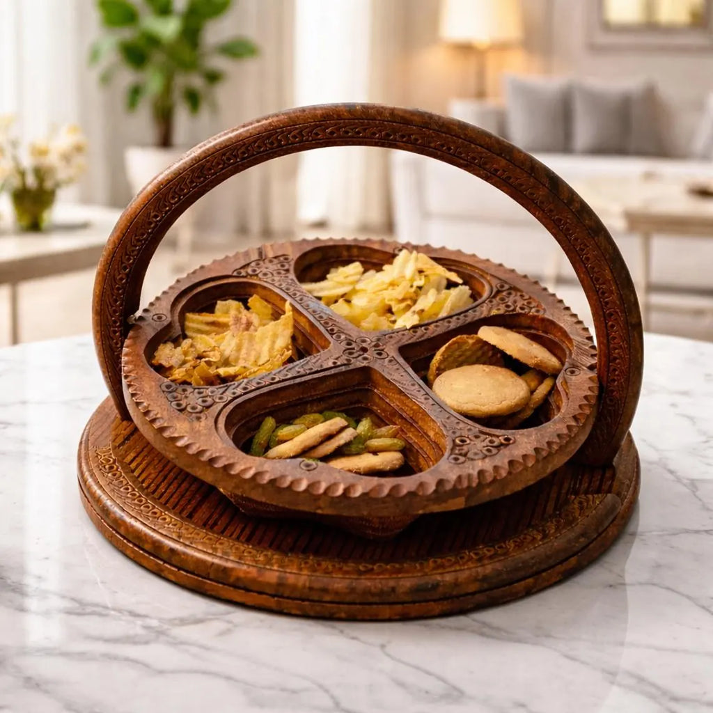 Handcrafted Wooden Serving Tray – Rotating Dry Fruit & Snack Organiser | Multipurpose Wooden Platter | Luxury Table Décor