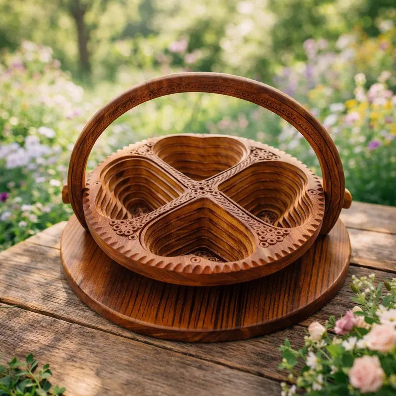 Handcrafted Wooden Serving Tray – Rotating Dry Fruit & Snack Organiser | Multipurpose Wooden Platter | Luxury Table Décor