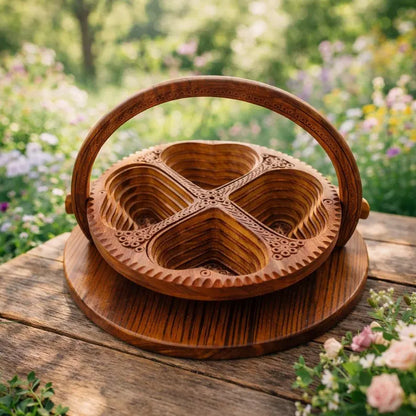 Handcrafted Wooden Serving Tray – Rotating Dry Fruit & Snack Organiser | Multipurpose Wooden Platter | Luxury Table Décor