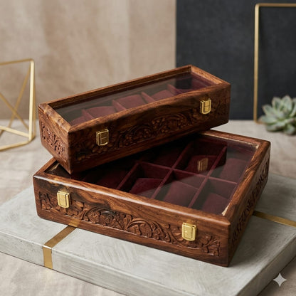 Engraved Wooden Watch Box Organizer for Men | 5/10 Slots Watch Storage Case with Glass Display Premium Velvet Interior Handmade | Wooden Watch Holder